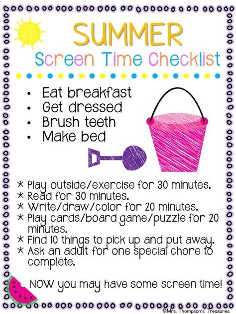 Free Summer Screen Time Checklist Printable Mrs Thompsons Treasures