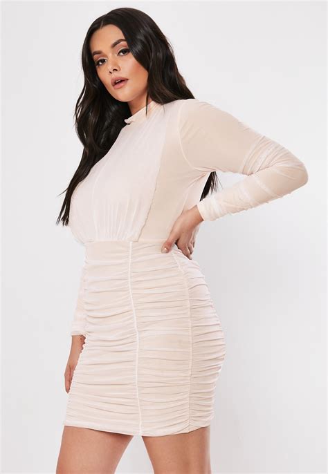 Plus Size Nude Ruched High Neck Mini Dress Missguided