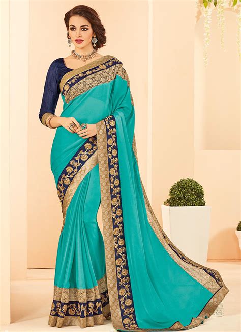 Buy Aqua Blue Chiffon Border Saree Embroidered Sari Online Shopping Sasun27178