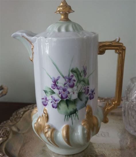 Limoges Hand Painted Purple Violets Gilded Gold Chocolate Pot