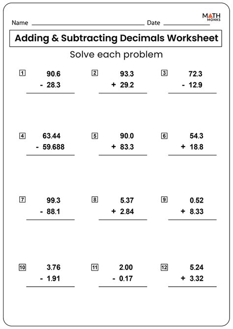 Addition And Subtraction Of Whole Numbers And Decimals Worksheet