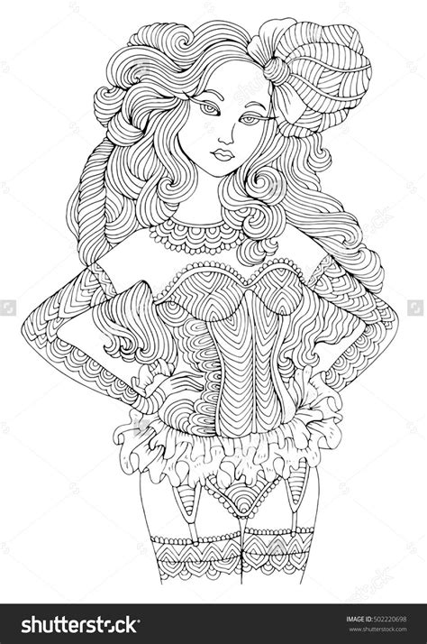 Vector Hand Drawn Retro Sexy Girl In Lingerie Fashion Picture In Boudoir Style For Coloring