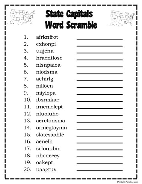 Printable State Capitals Word Scramble Scramble Words Capital Words