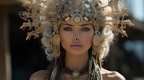 Premium Ai Image A Woman Wearing A Gold Headdress And Jewelry