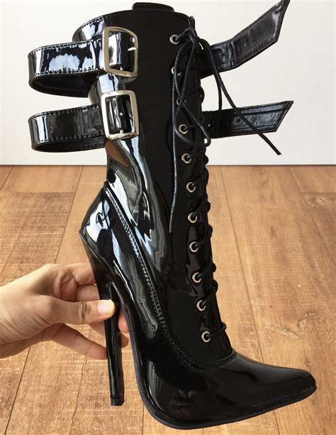 maid s ii 18cm stiletto fetish boots 2 wrap buckle strap patent black refuse to be usual