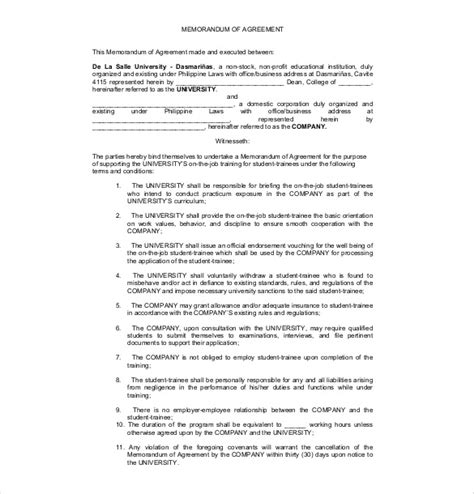 memorandum  agreement templates  sample