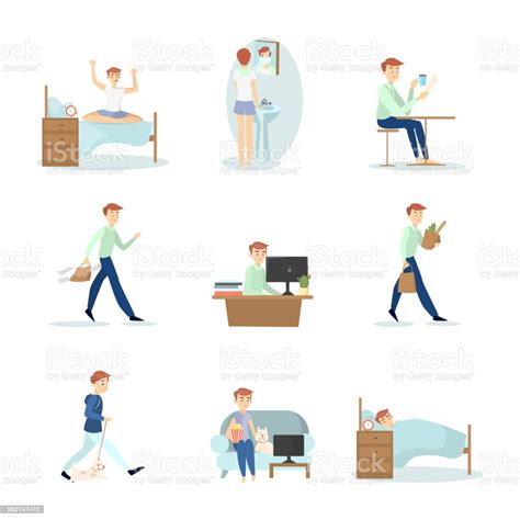 Vocabulary exercise to help learn words to talk about what you do every day. Man Daily Routine Stock Vector Art & More Images of Adult ...