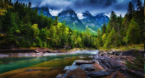 Mountain Clouds Forest River Trees Spring Green