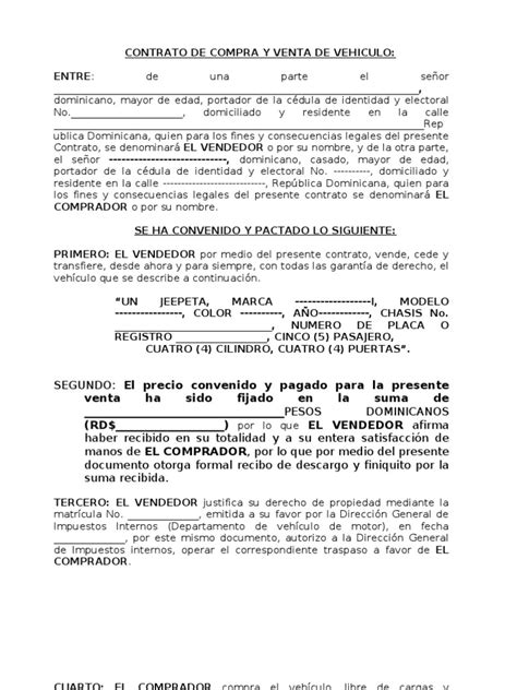 Contrato De Compra Y Venta De Vehiculo Pdf República Dominicana