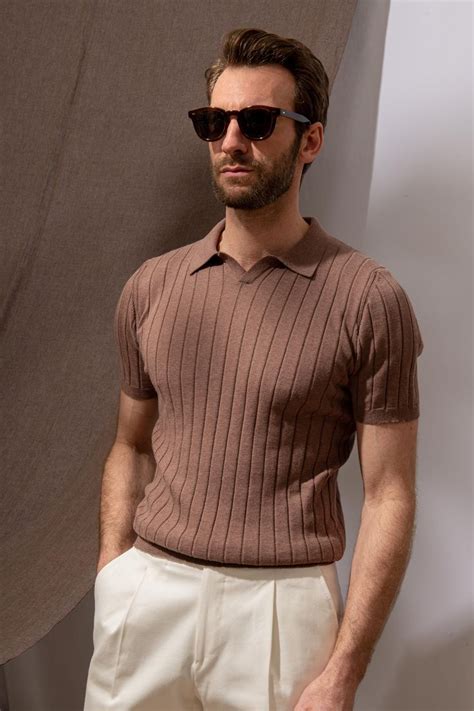Brown Ribbed Knit Polo Made In Italy L 50 52 IT EU 40 42 US