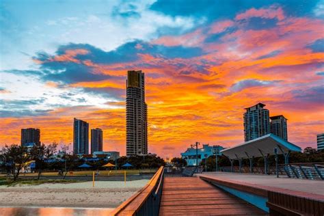 Beautiful Vivid Orange Sunset On Gold Coast Queensland Austral • Sea