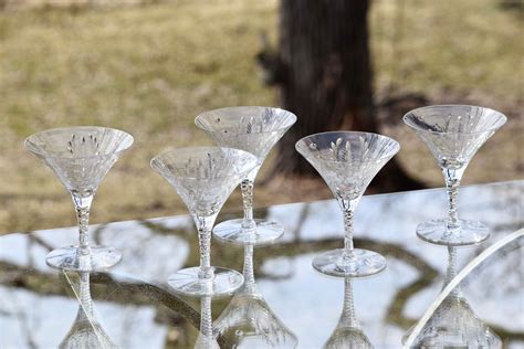 Vintage Etched Crystal Martini Glasses Set Of 5 Antique Crystal Etched Cocktail Glasses