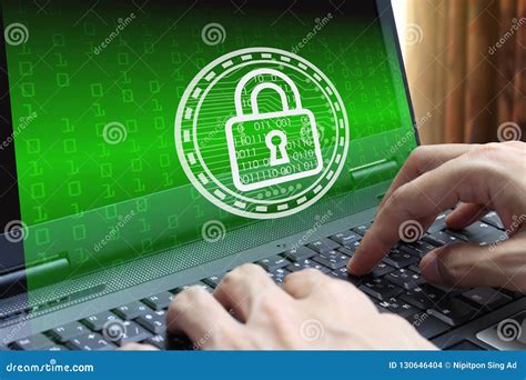 Businessman Hand Use Laptop Computer With Padlock Icon Technolog Stock
