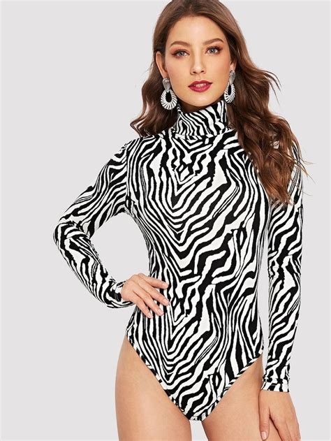 shein high neck zebra print bodysuit print bodysuit fashion bodysuit