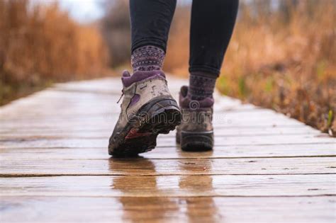 Girl S Feet Walking On Wooden Boardwalk Stock Photo Image Of Closeup