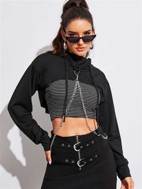 Solid Chain Detail Super Crop Hoodie Without Striped Top Romwe Cropped Hooded Sweatshirt