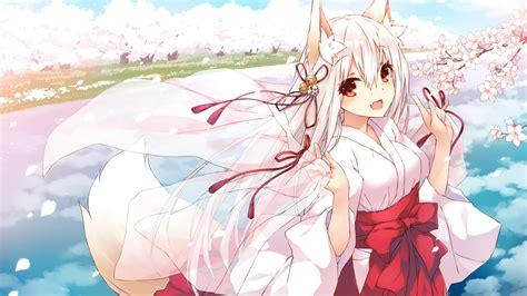 Download 2560x1700 Anime Fox Girl Miko Cute Cherry Blossom Smiling
