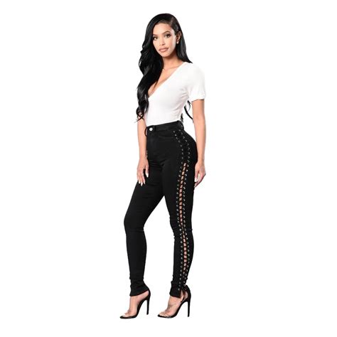 buy women side hollow jeans lace up pants tight sexy cross bandage pants pencil
