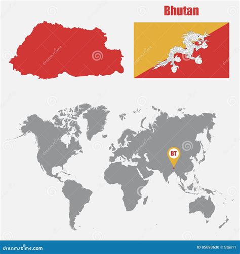 Bhutan Map On A World Map With Flag And Map Pointer Vector