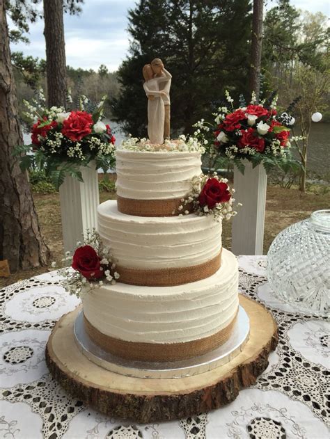 3 Tier Rustic Buttercream Wedding Cake With Burlap And Red