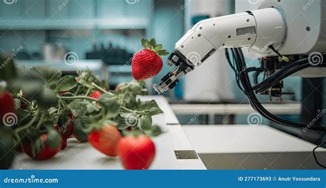 Smart Ai Robot Is Picking Up Strawberry In A Tomatoes Agriculture Farm