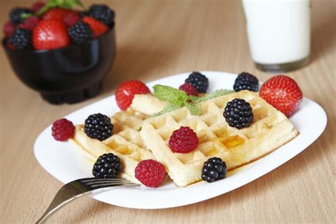 Fresh Waffles With Fruits For Breakfast Stock Photo Image Of