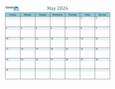 May 2026 Monthly Calendar Template Sunday Start