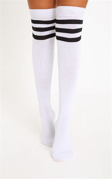 White And Black Striped Over The Knee Socks Prettylittlething Qa