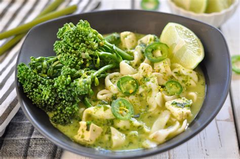 Vegan Green Curry Noodle Soup With Broccolini Sugar Snap Peas And Tofu