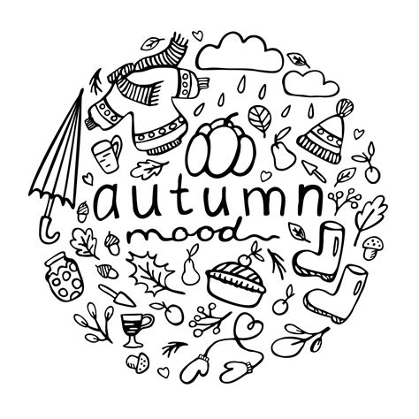 Autumn Vector Doodle Monochrome Illustration With Lettering In A