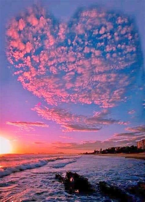 Beach Sunset Sunrise Pink Valentine Heart Shaped Clouds Beautiful