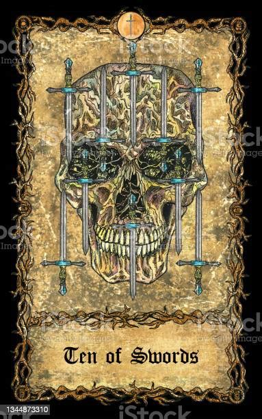 Ten Of Swords Minor Arcana Tarot Card With Skull Over Antique