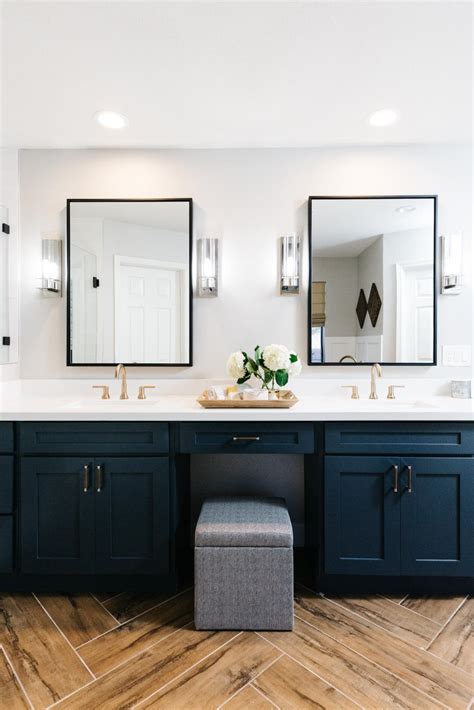 Bathroom, bathroom faucets, bathroom heaters, bathroom lighting, bathroom vanities, bathtubs, decorating ideas and tips, latest trends, showers. Transitional Master Bathroom With Dark Blue Vanity | HGTV