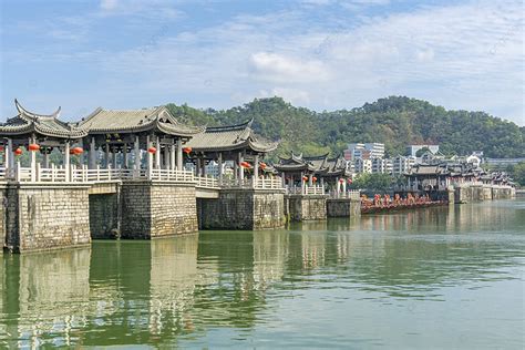 Panoramic View Of Chaozhou Guangji Bridge Under Blue Sky And White