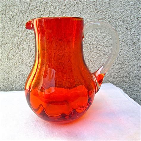Small Little Vintage Pitcher Orange Handblown Glass Haute Juice