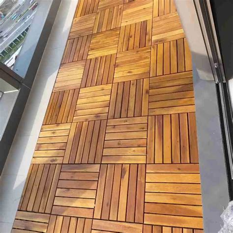 Indoor Out Door Acacia Wood Decking Tiles Interlock 6 Slats Natural