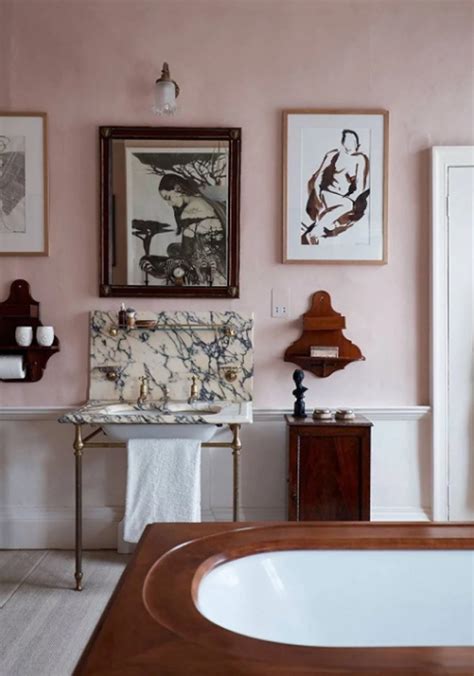 Rustic And Elegant Pink Bathroom Wall With Art Gallery Homemydesign