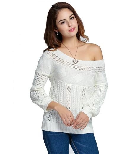 Women Off Shoulder Long Sleeve Hollow Out Cable Knit Pullover Sweaters