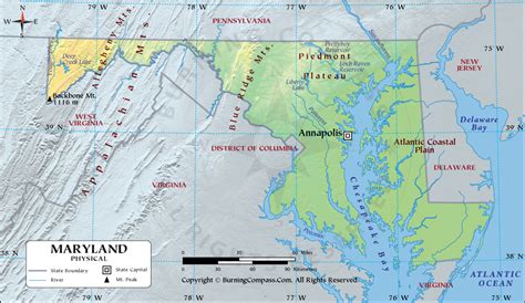 Maryland Physical Map Showing Geographical Physical Features With