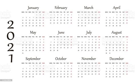 Tapi bagi anda yang tidak ingin repot mengedit dan ingin langsung menggunakan kalender 2021 ini, anda tinggal gunakan file kalender dalam kalender 2020 ini sudah dilengkapi dengan tanggalan masehi, jawa dan islam (hijriyah. Calendar For 2021 Year Stock Illustration - Download Image ...