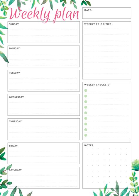 Printable Weekly Plan Checklist PDF Download Weekly Planner Print Weekly Planner Template