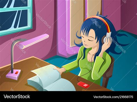 Girl Reading A Book While Listening To Music Vector Image