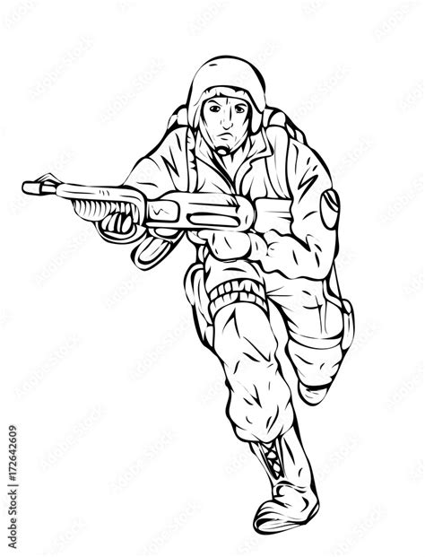 Cartoon Army Soldier Running With Gun Drawing Vector Stock Vector