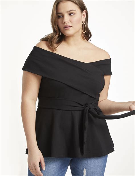 Off The Shoulder Tie Waist Peplum Top Womens Plus Size Tops