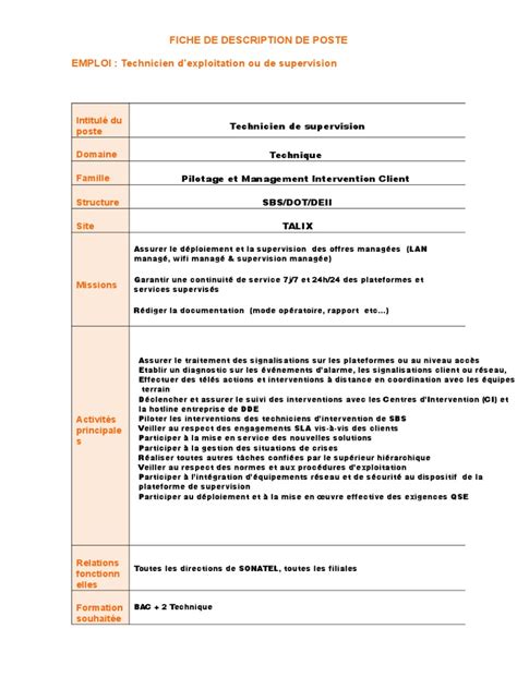 Fiche de Poste Technicien de Supervision  OBS