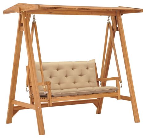 Vidaxl Solid Teak Wood Swing Bench With Beige Cushion 669 Garden