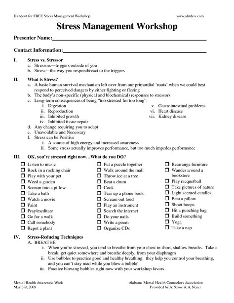 Stress Management Worksheets Handout Stress Management Workshop Free Printable Stress Test