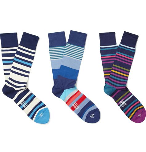 Paul Smith Threepack Striped Cottonblend Socks In Blue For Men Lyst
