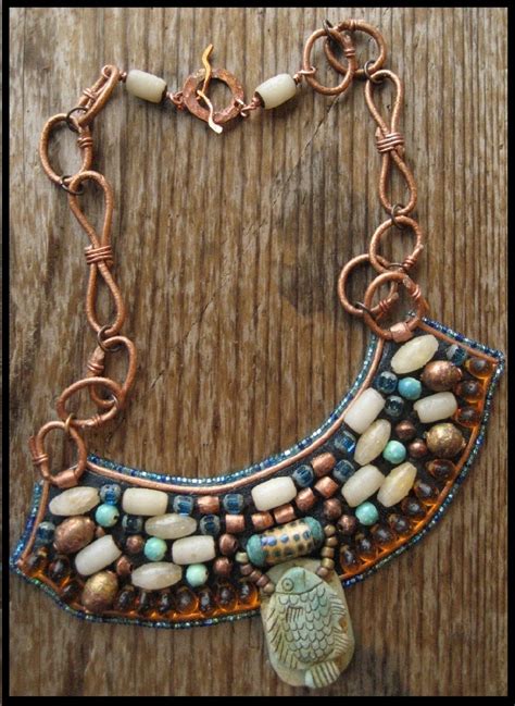 Leather And Beaded Egyptian Revival Bib Necklace Leather Link Chain