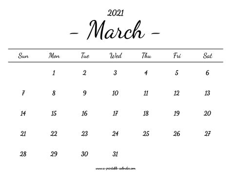 March Calendar 2021 Printable A Printable Calendar